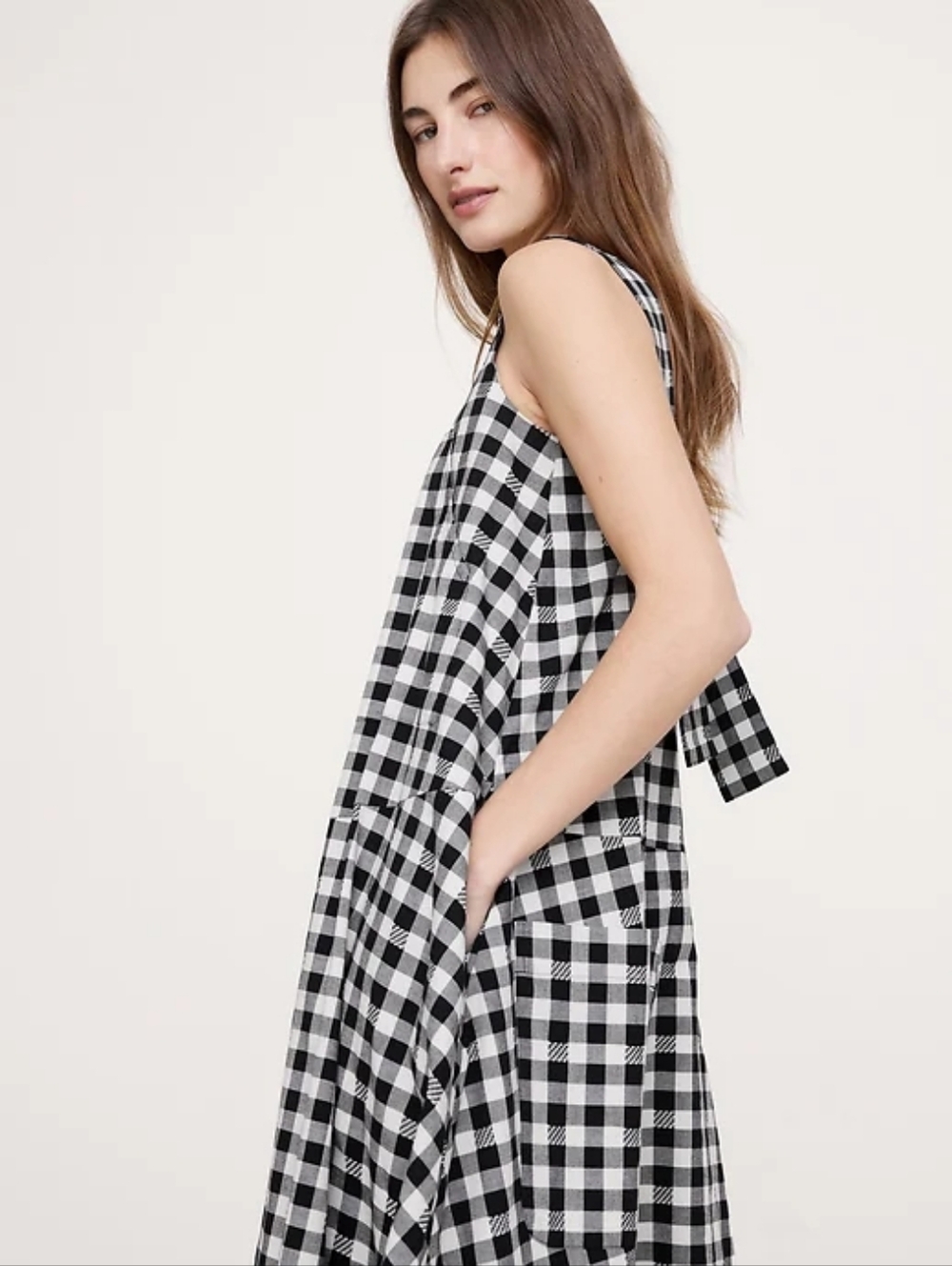 Banana Republic Square-Neck Apron Maxi Dress Size Large In Black Gingham Cotton - Picture 3 of 5